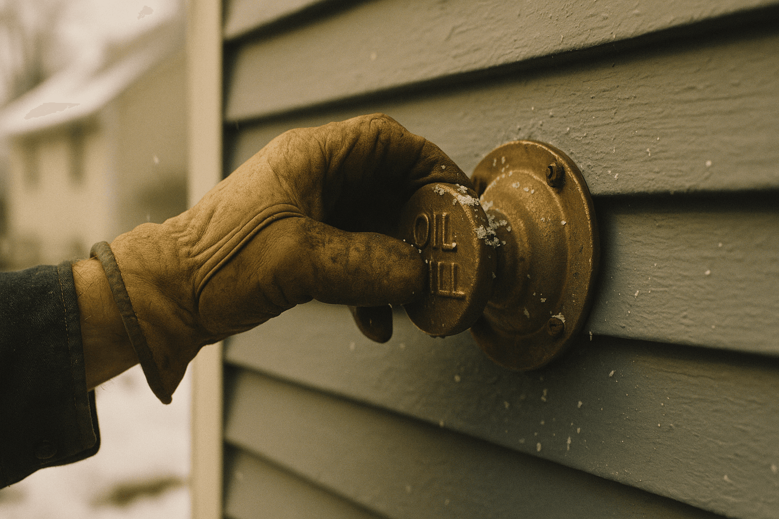 Brass oil-fill cap on a snowy clapboard home, weathered hand turning the cap