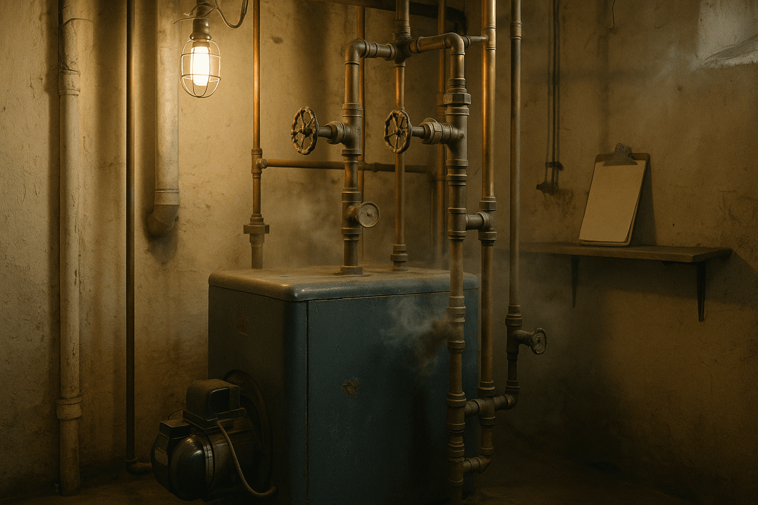 Interior of a residential boiler room with brass valves and copper piping
