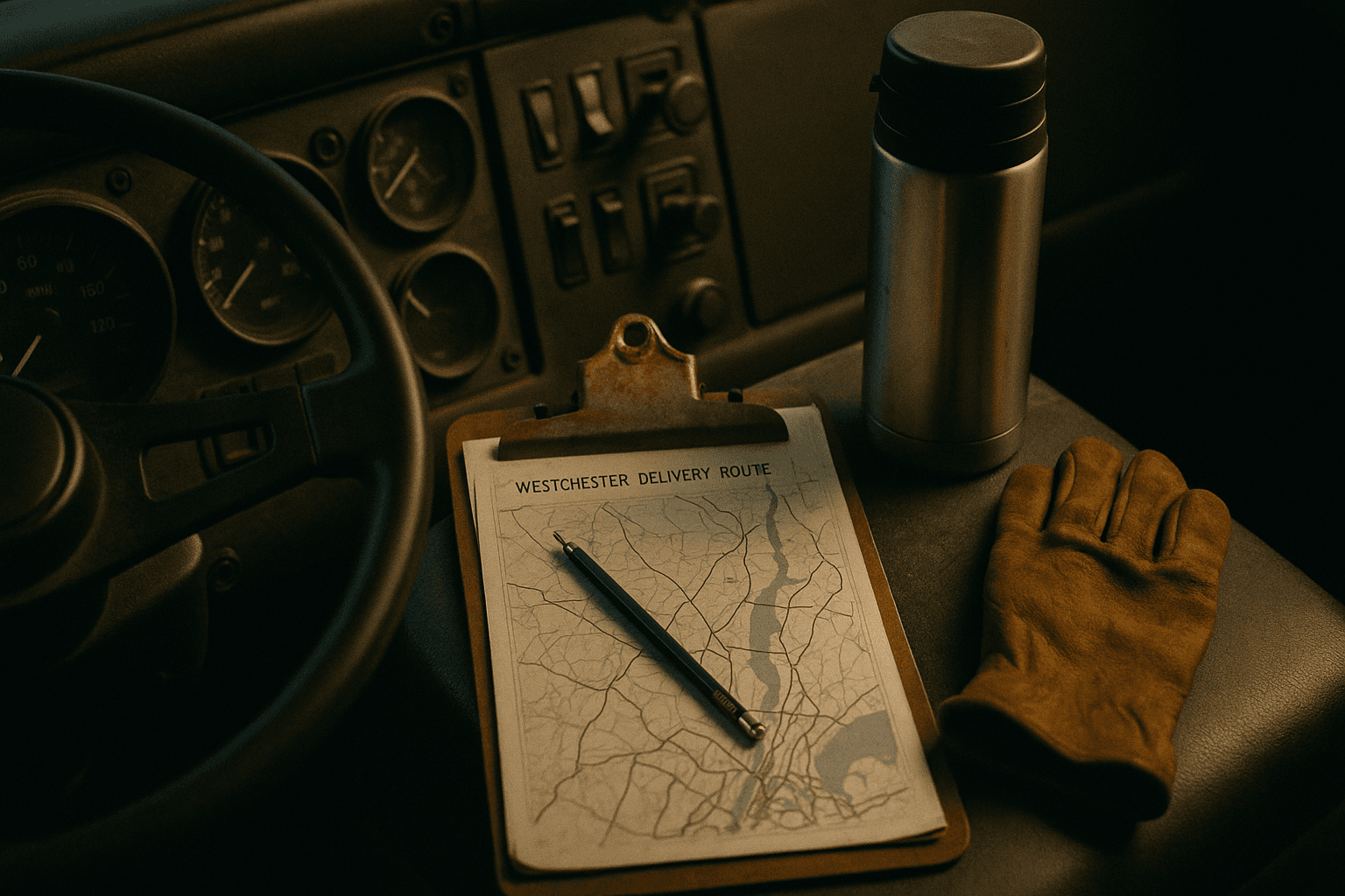 Overhead view of an oil-truck dashboard with a metal clipboard, mechanical pencil, and Westchester route map
