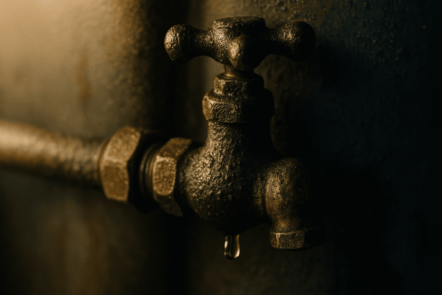 Macro close-up of a brass boiler valve covered in soot and condensation