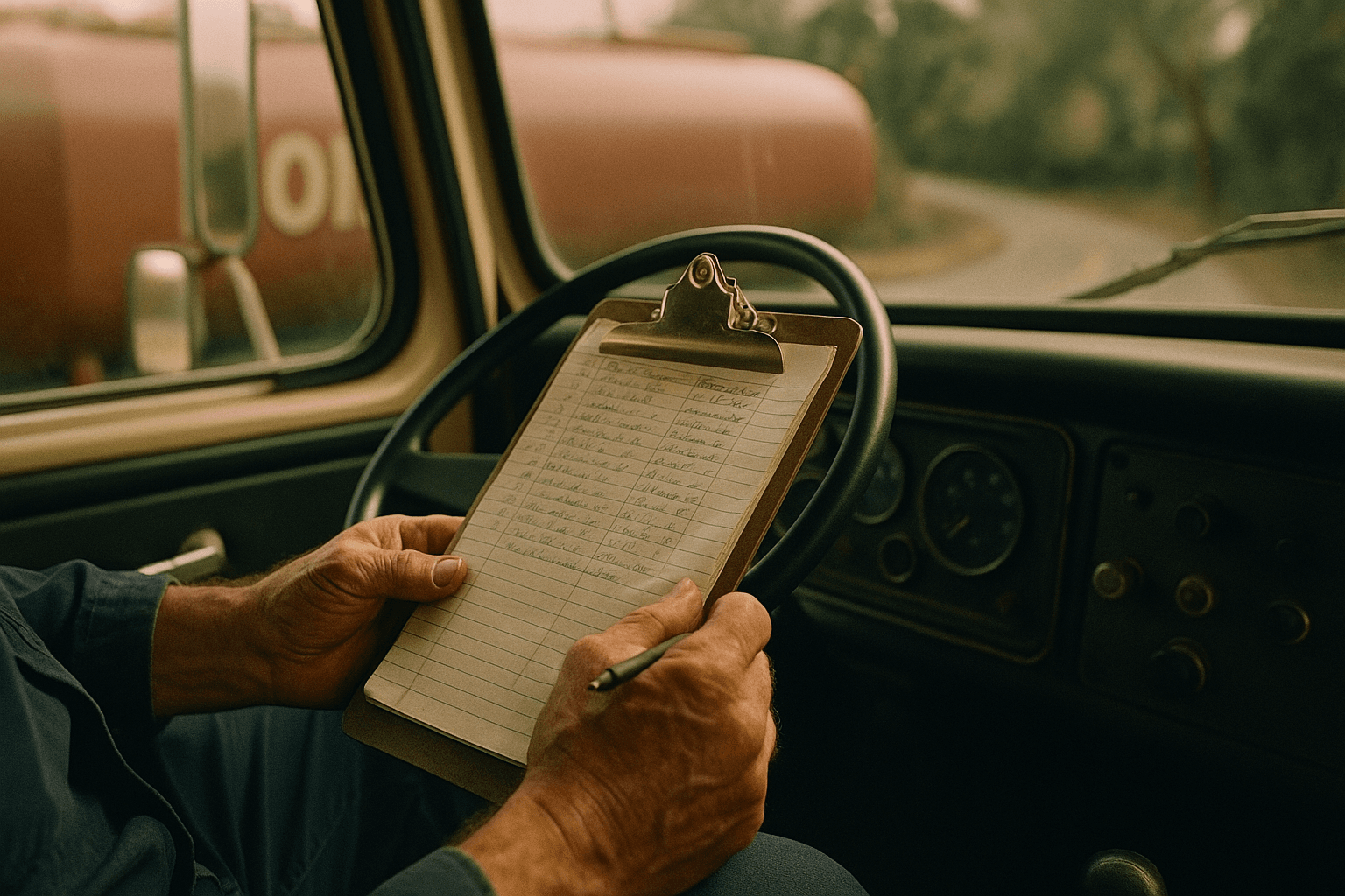 Weathered hands of an Italian-American oil-truck driver holding a clipboard with handwritten delivery routes