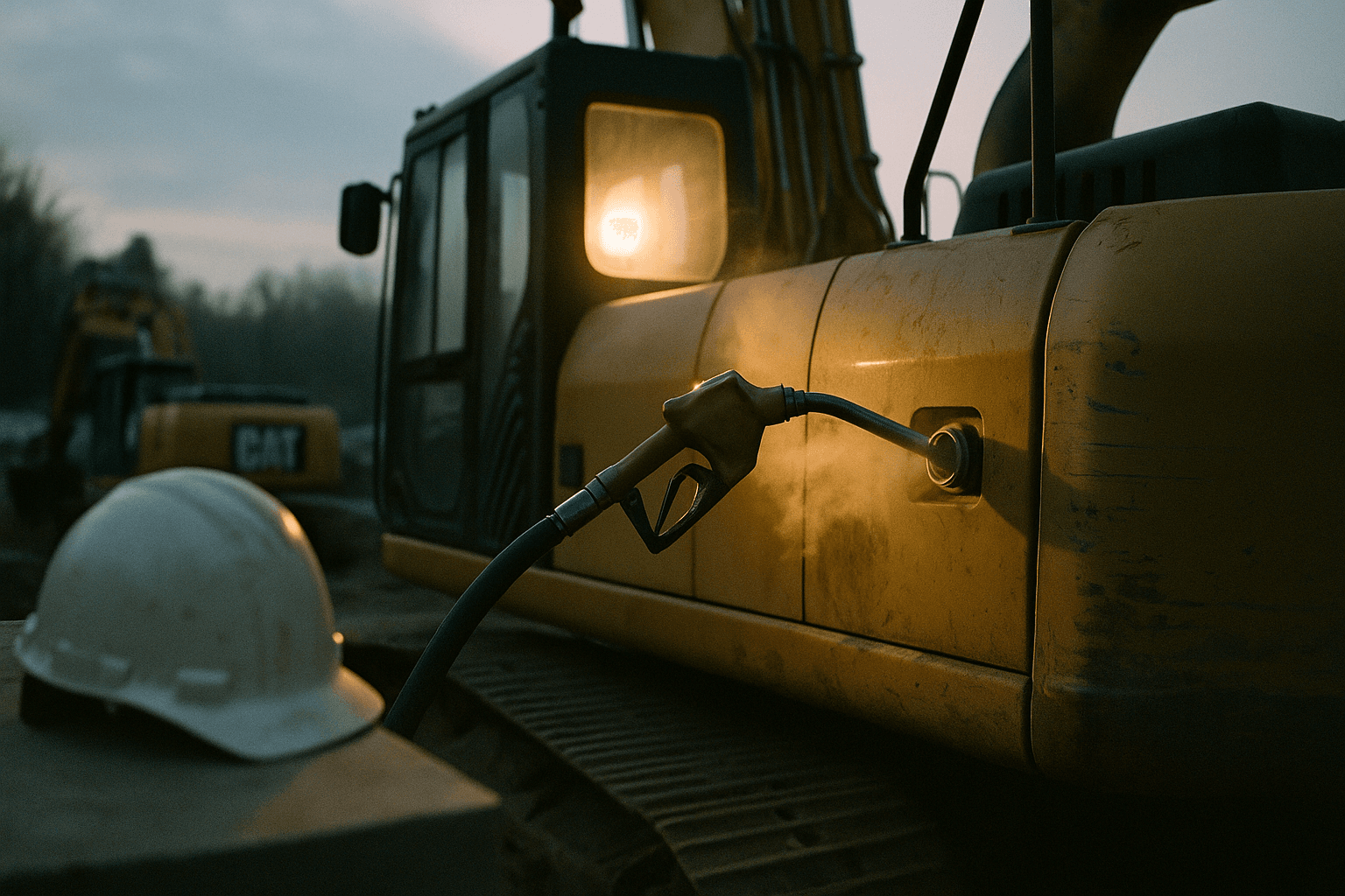 Diesel fuel nozzle in a yellow Caterpillar excavator at a Westchester construction site